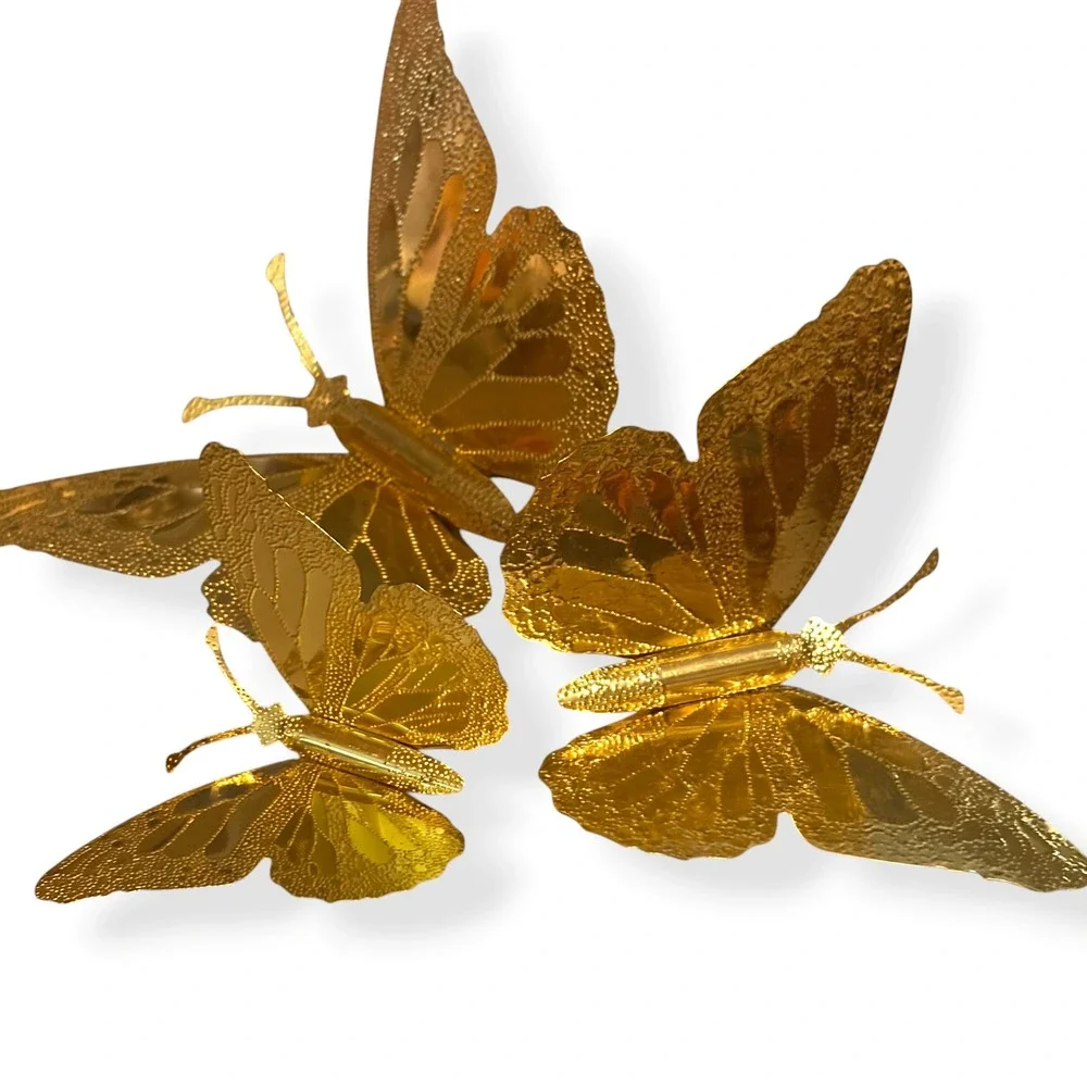 Vintage Gold Metal Butterfly Wall Decor Set of 3 Embossed Textured MCM Style